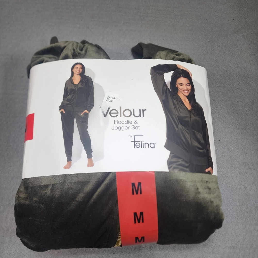 Felina Velour Hoodie & Jogger‎ Set Olive Green 2 Piece Tracksuit Womens M NEW